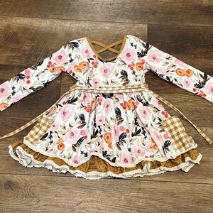 cheeky plum Pink Floral Dress with Mustard Trim